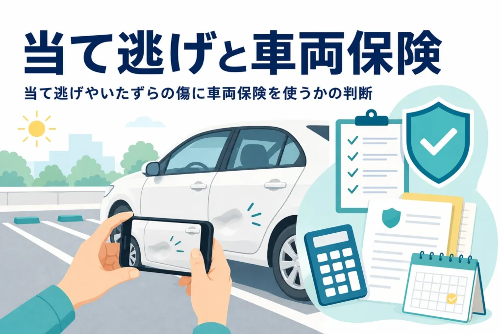 駐車場の車のへこみとスマホの手元に「当て逃げと車両保険」の文字