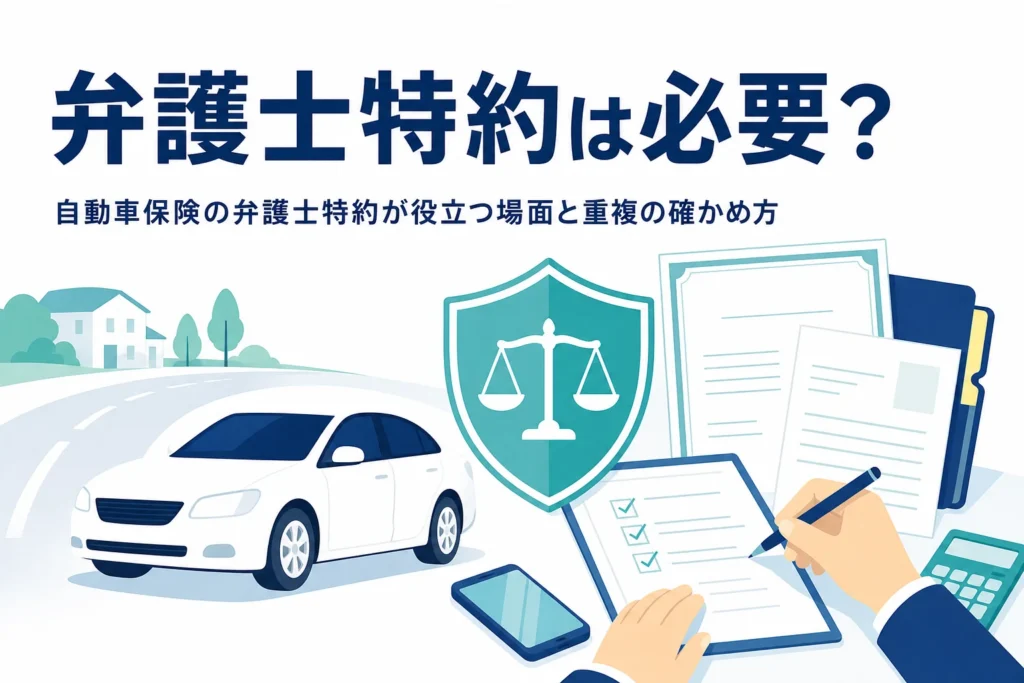 盾のマークと天びんのアイコン、保険証券が並ぶ、自動車保険の弁護士特約を解説する記事のアイキャッチ
