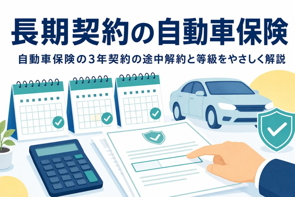 保険証券とカレンダーが置かれた机、自動車保険の3年契約の途中解約を解説する記事のアイキャッチ