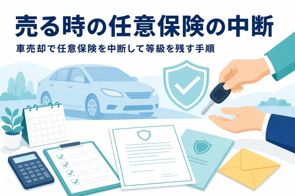 書類と車のキーが置かれた机、車を売る時の任意保険の中断を解説する記事のアイキャッチ