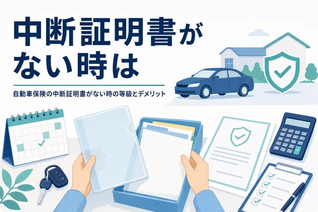 空のファイルと保険証券が置かれた机、自動車保険の中断証明書がない時のことを解説する記事のアイキャッチ