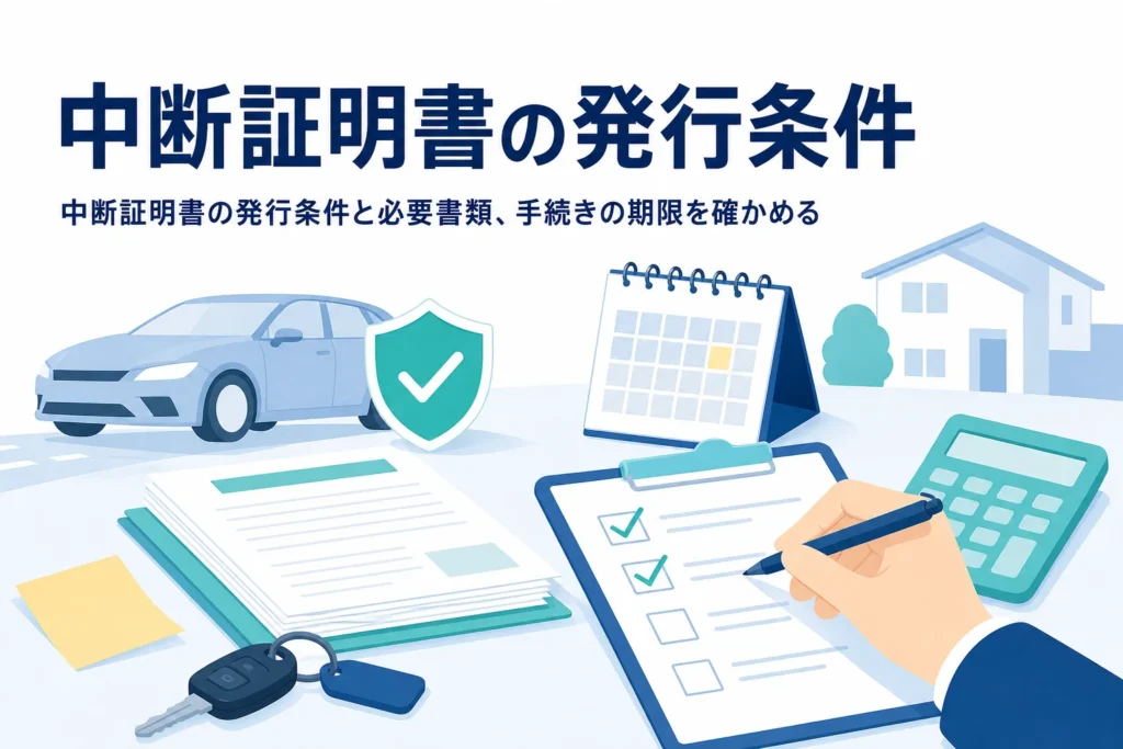 チェックリストと書類が置かれた机、中断証明書の発行条件を解説する記事のアイキャッチ