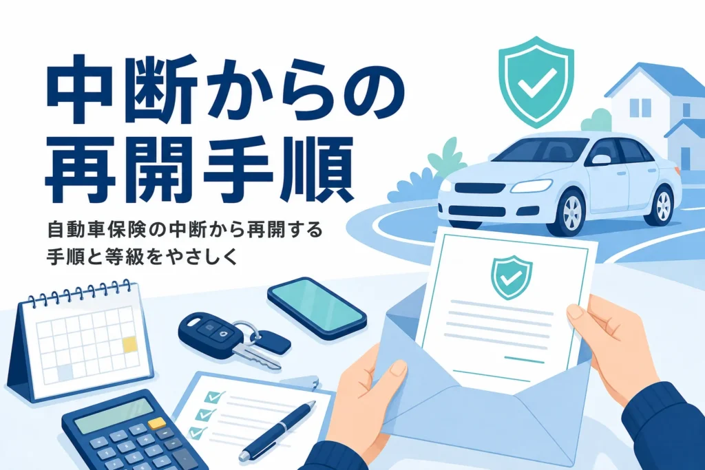 証明書と車のキー、自動車保険の中断から再開する手順を解説する記事のアイキャッチ