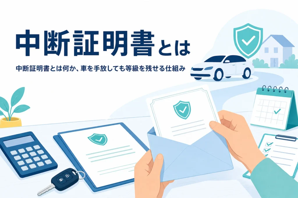 証明書と車のキーが置かれた机、中断証明書とは何かを解説する記事のアイキャッチ