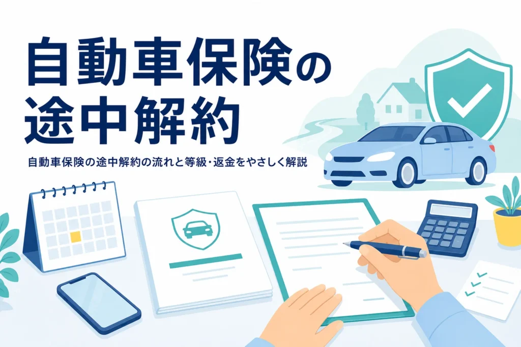 保険証券と書類が置かれた机、自動車保険の途中解約を解説する記事のアイキャッチ