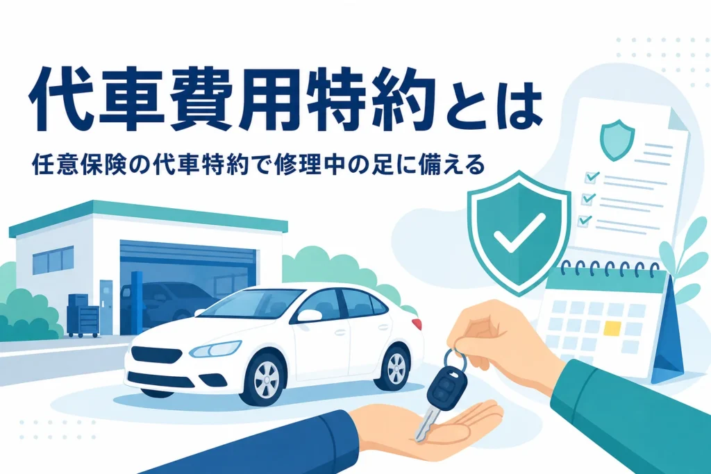 修理工場の前の乗用車と鍵を受け取る手元で、任意保険の代車費用特約を紹介する記事のアイキャッチ