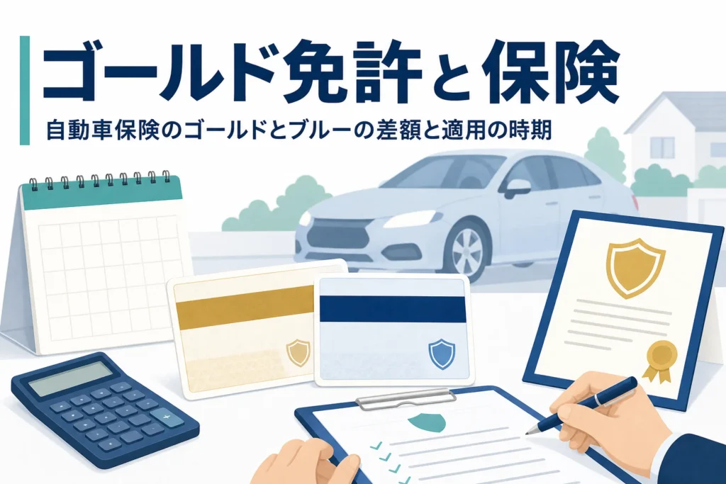 金色と青色のカードと保険証券・電卓、自動車保険のゴールド免許割引とブルーとの差額を解説する記事のアイキャッチ