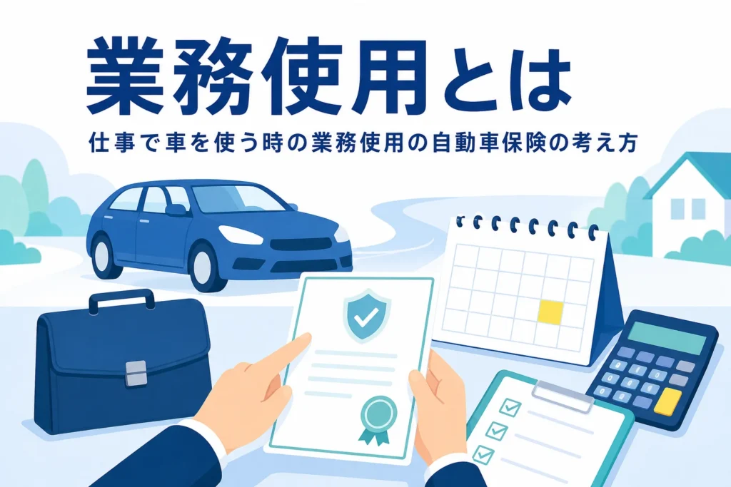 車と書類カバン、保険証券が並ぶ、業務使用の自動車保険を解説する記事のアイキャッチ