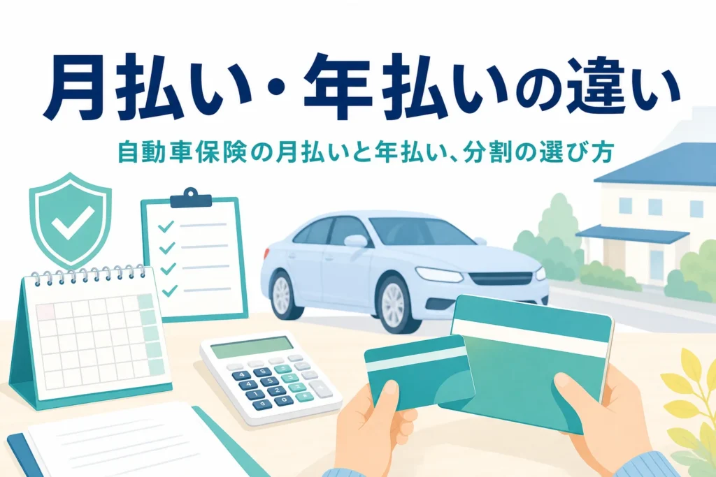 カレンダーと電卓、支払いの手元で自動車保険の払い方を表したアイキャッチ