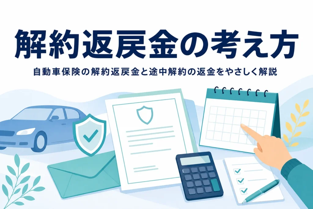 保険証券とカレンダーが置かれた机、自動車保険の解約返戻金を解説する記事のアイキャッチ