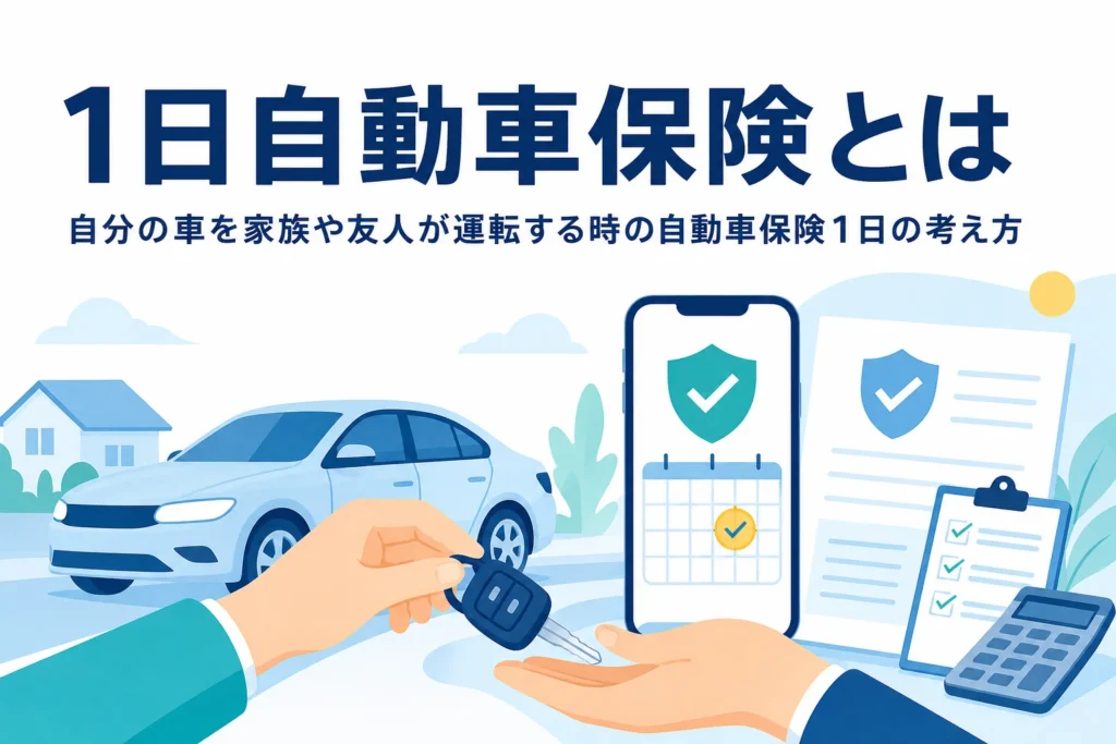 車の鍵を手渡す手元とスマホ、1日自動車保険を解説する記事のアイキャッチ