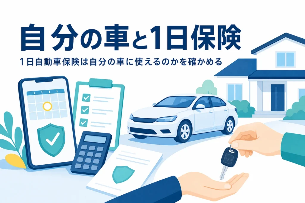 車の鍵を家族に手渡す手元とスマホ、自分の車と1日自動車保険を解説する記事のアイキャッチ