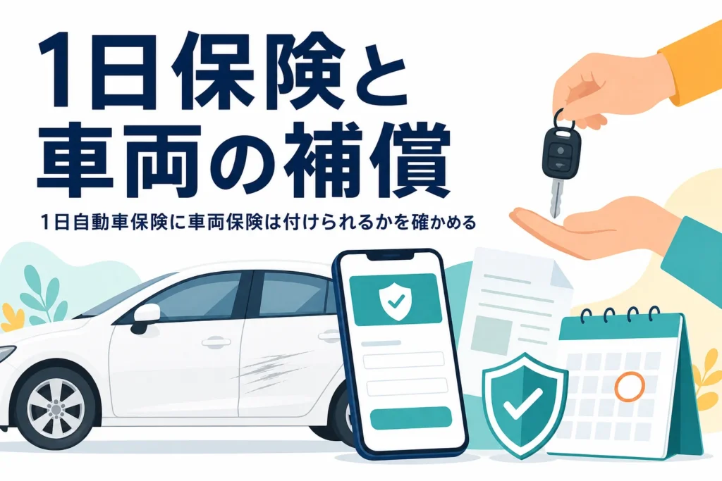 乗用車と盾のマーク・スマホ画面・車の鍵、1日自動車保険の車両保険を解説する記事のアイキャッチ