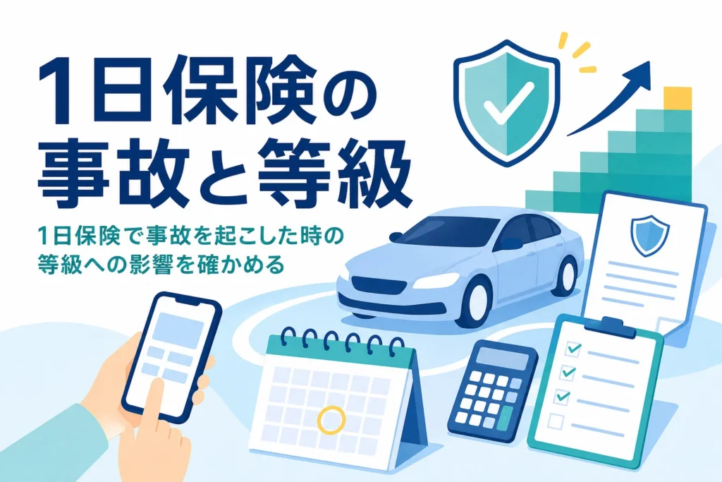 盾のマークと等級の階段のグラフ、1日保険の事故と等級への影響を解説する記事のアイキャッチ