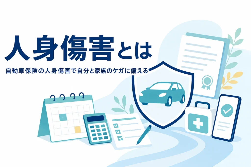 乗用車のシルエットを盾のマークが包み、自動車保険の人身傷害を紹介する記事のアイキャッチ