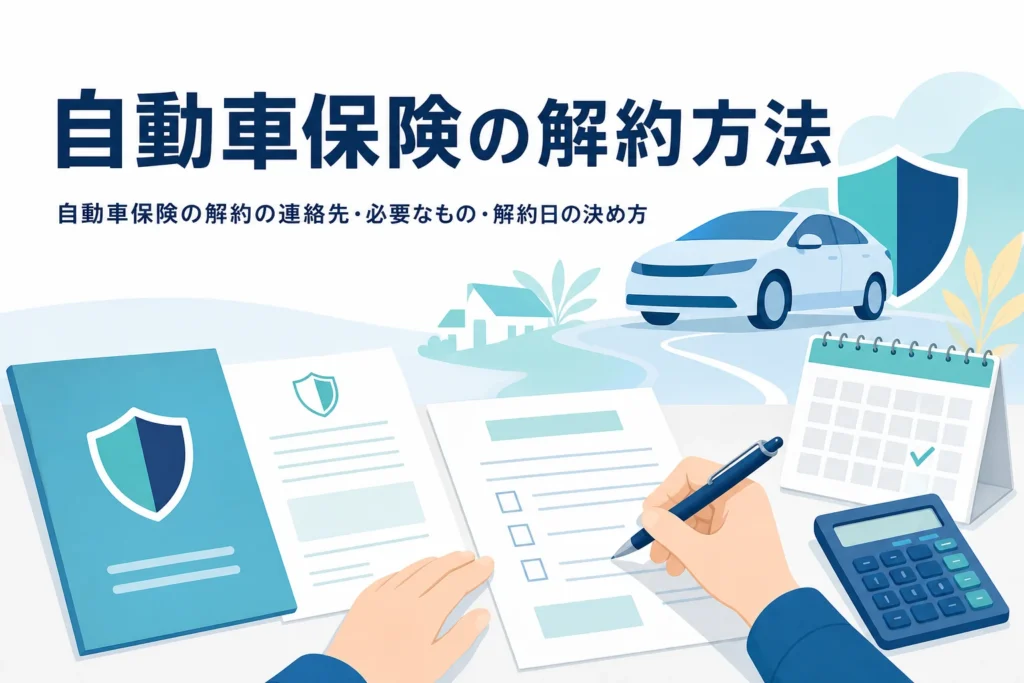 保険証券と書類が置かれた机、自動車保険の解約方法を解説する記事のアイキャッチ