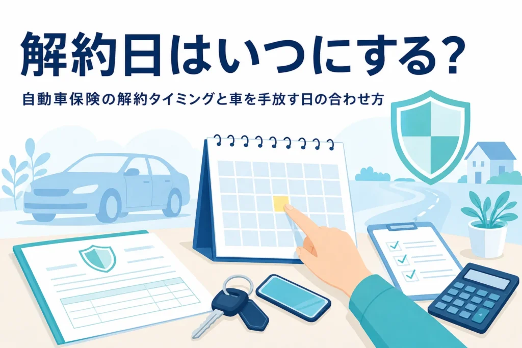 カレンダーと保険証券が置かれた机、自動車保険の解約タイミングを解説する記事のアイキャッチ