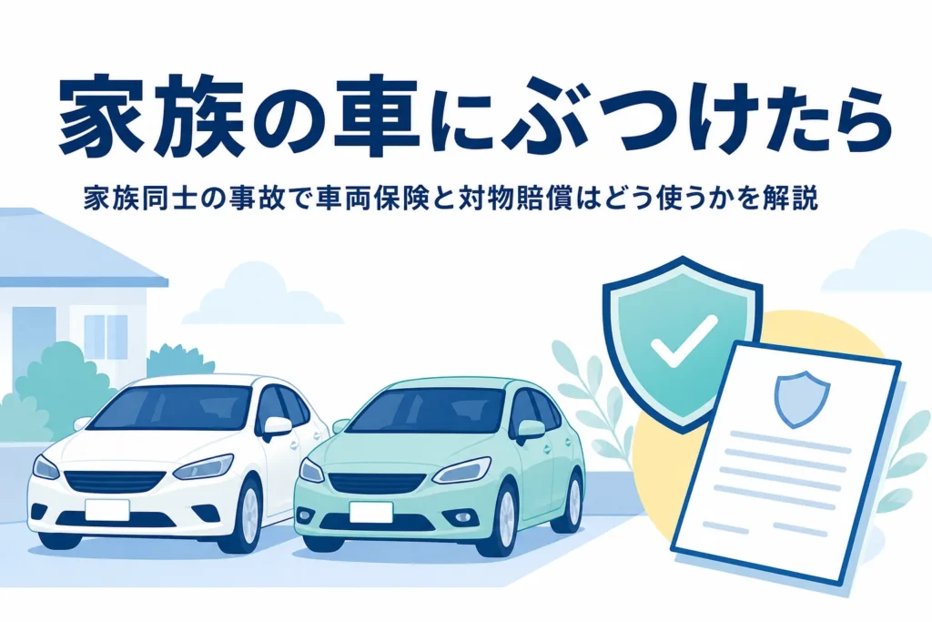 自宅の駐車場に並んだ2台の乗用車と盾のマーク、家族同士の事故と車両保険を解説する記事のアイキャッチ