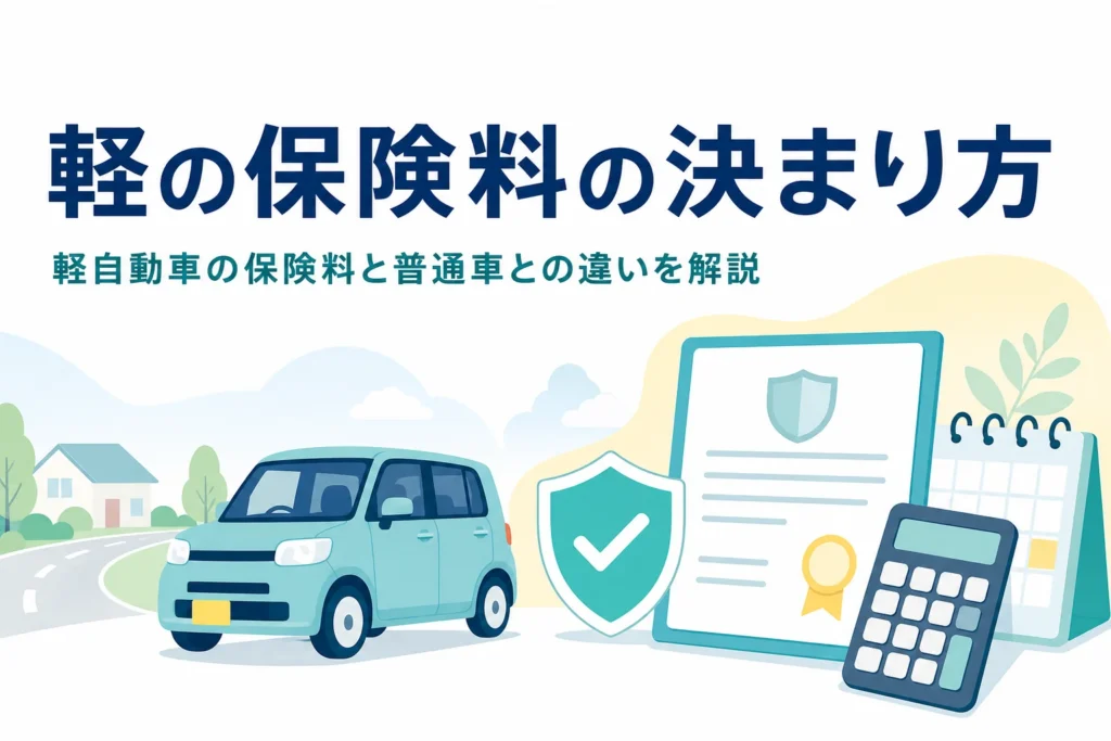 軽自動車のシルエットと保険証券、電卓で軽自動車の保険料を表したアイキャッチ