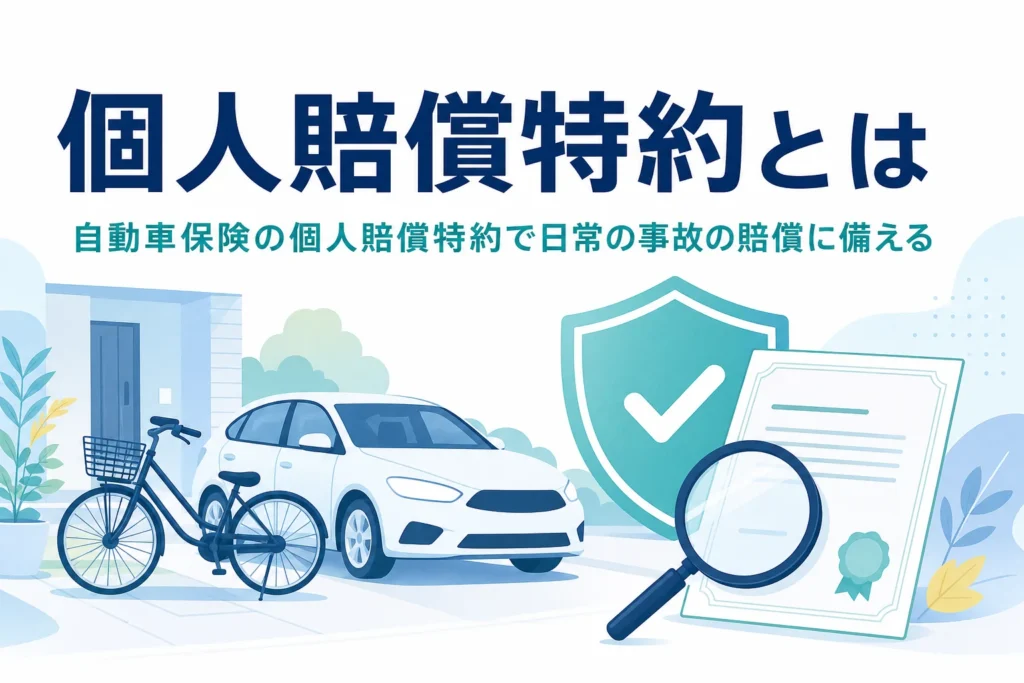 自転車と乗用車のシルエットに盾のマークを重ね、自動車保険の個人賠償特約を紹介する記事のアイキャッチ