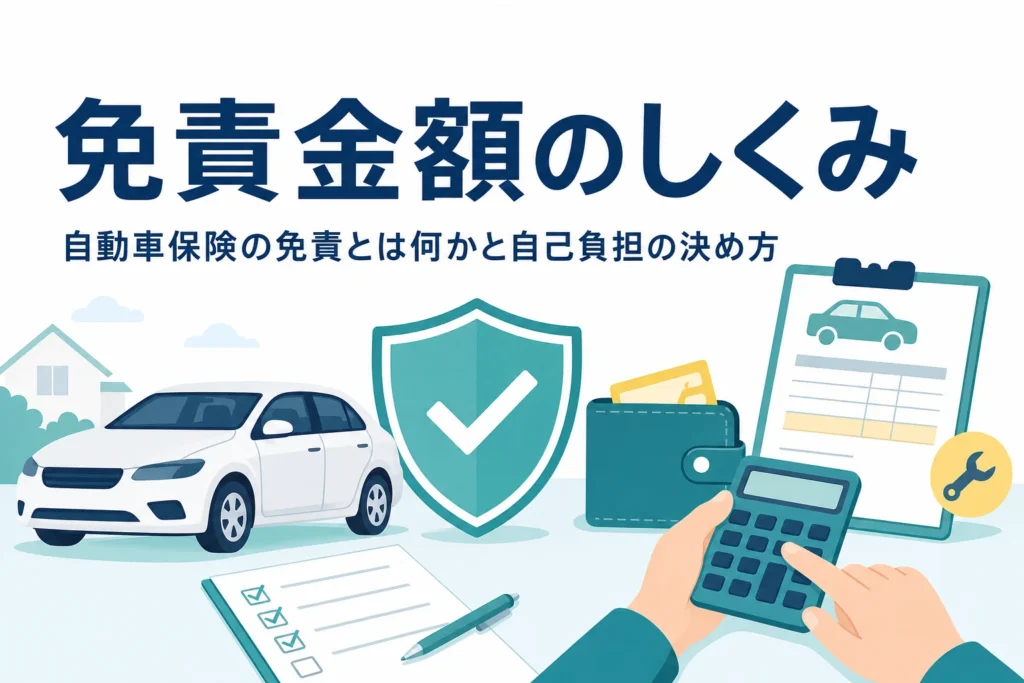 乗用車と盾のマーク・財布・見積書が並び、自動車保険の免責金額を紹介する記事のアイキャッチ