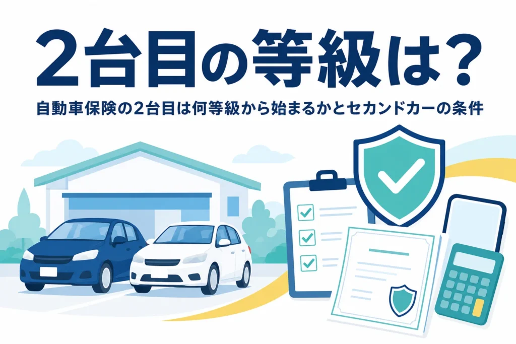駐車場に並んだ2台の乗用車と保険証券、自動車保険の2台目の等級を解説する記事のアイキャッチ