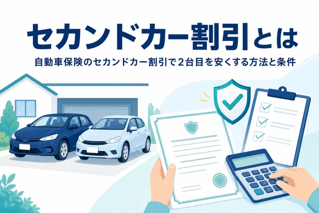 駐車場に並ぶ2台の乗用車と電卓、自動車保険のセカンドカー割引を解説する記事のアイキャッチ