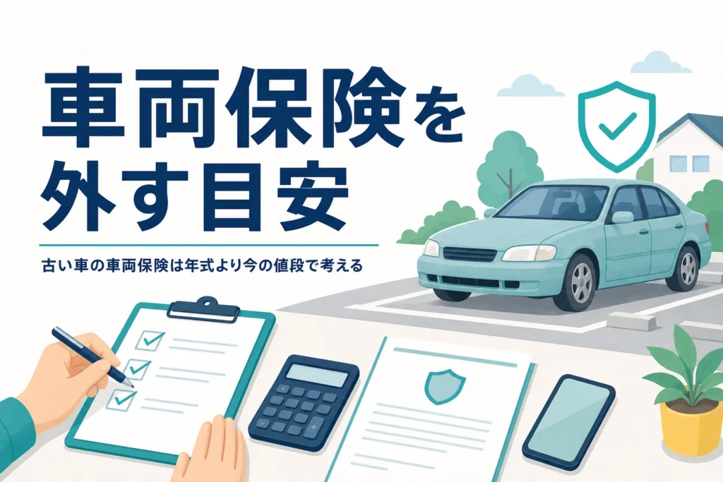 古い乗用車と保険証券・電卓が並び、古い車の車両保険を外すか考える記事のアイキャッチ