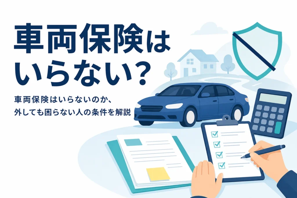 乗用車と外された盾のマーク、電卓のイラストと、車両保険はいらないかの判断を解説する記事タイトル