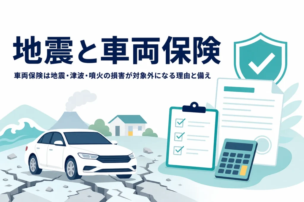 地面のひびと車のシルエットに「地震と車両保険」の文字