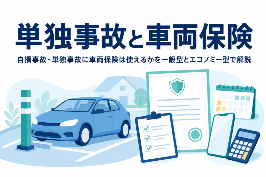駐車場のポールの横の乗用車と保険証券のイラスト、単独事故に車両保険が使えるかを解説する記事タイトル