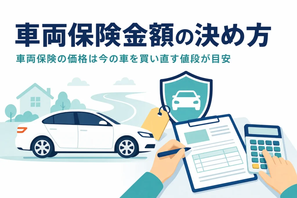 乗用車と盾のマーク・見積書・電卓が並び、車両保険金額の決め方を紹介する記事のアイキャッチ