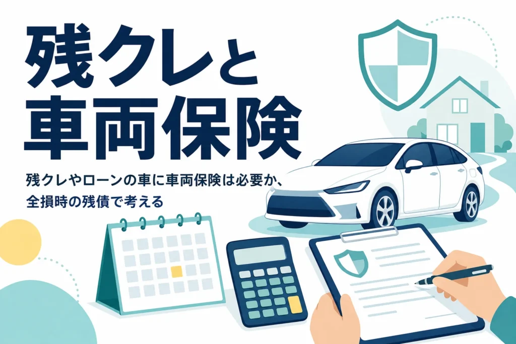 乗用車のシルエットと契約書と電卓に「残クレと車両保険」の文字