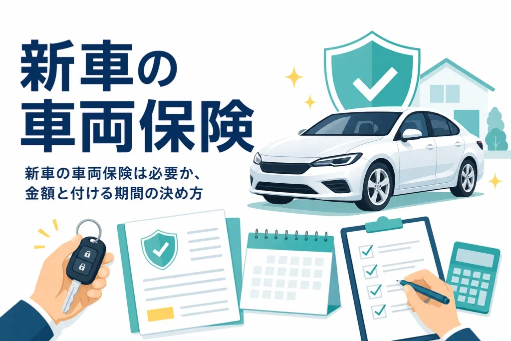 新しい乗用車のシルエットと車のキーに「新車の車両保険」の文字