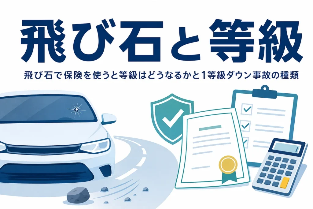 フロントガラスに小さなヒビが入った乗用車のイラスト、飛び石で保険を使った時の等級を解説する記事のアイキャッチ