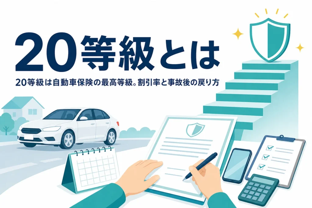 階段の頂上の盾と保険証券が並び、20等級と事故後の保険料を解説する記事のアイキャッチ