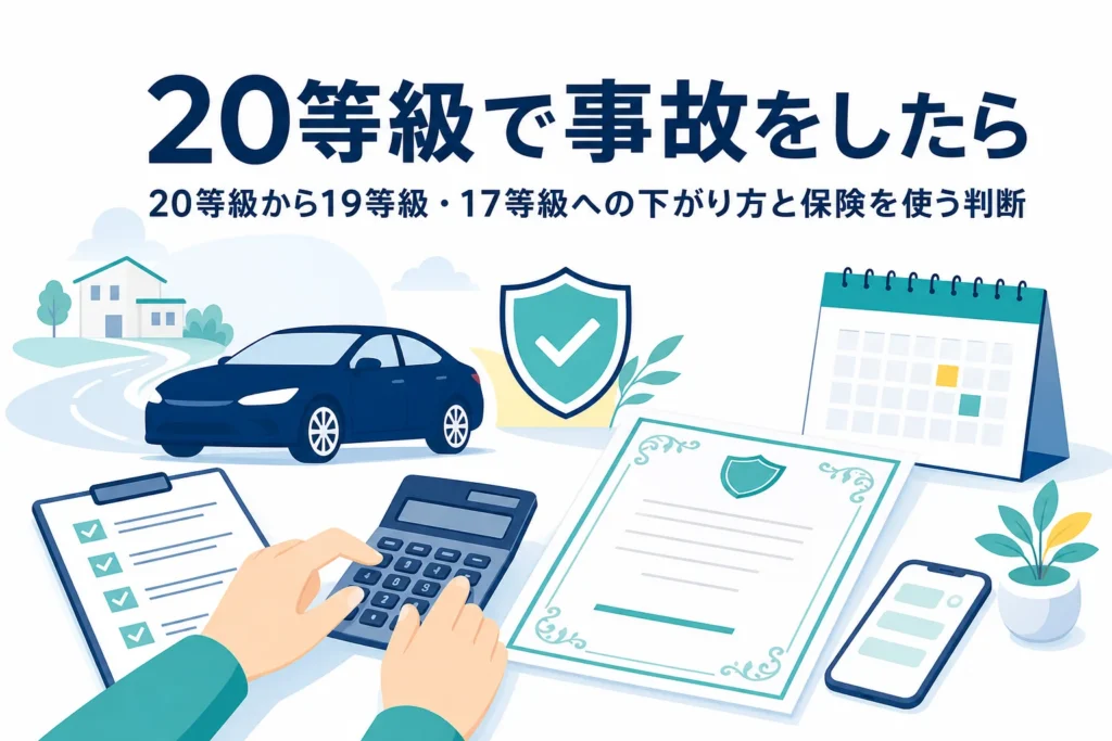 保険証券と電卓が置かれた机、20等級で事故を起こした時の等級と保険料を解説する記事のアイキャッチ