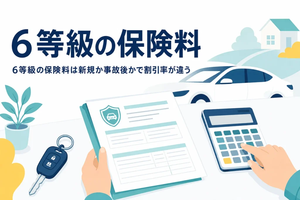 見積書と電卓、車のキーが並び、6等級の保険料と割引率を解説する記事のアイキャッチ