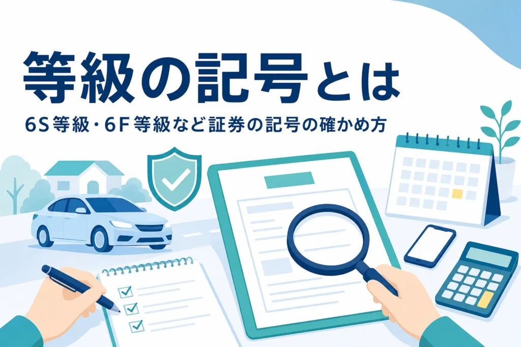 保険証券と虫めがね、乗用車のシルエットのイラスト、6S等級など等級の記号の確かめ方を解説する記事のアイキャッチ
