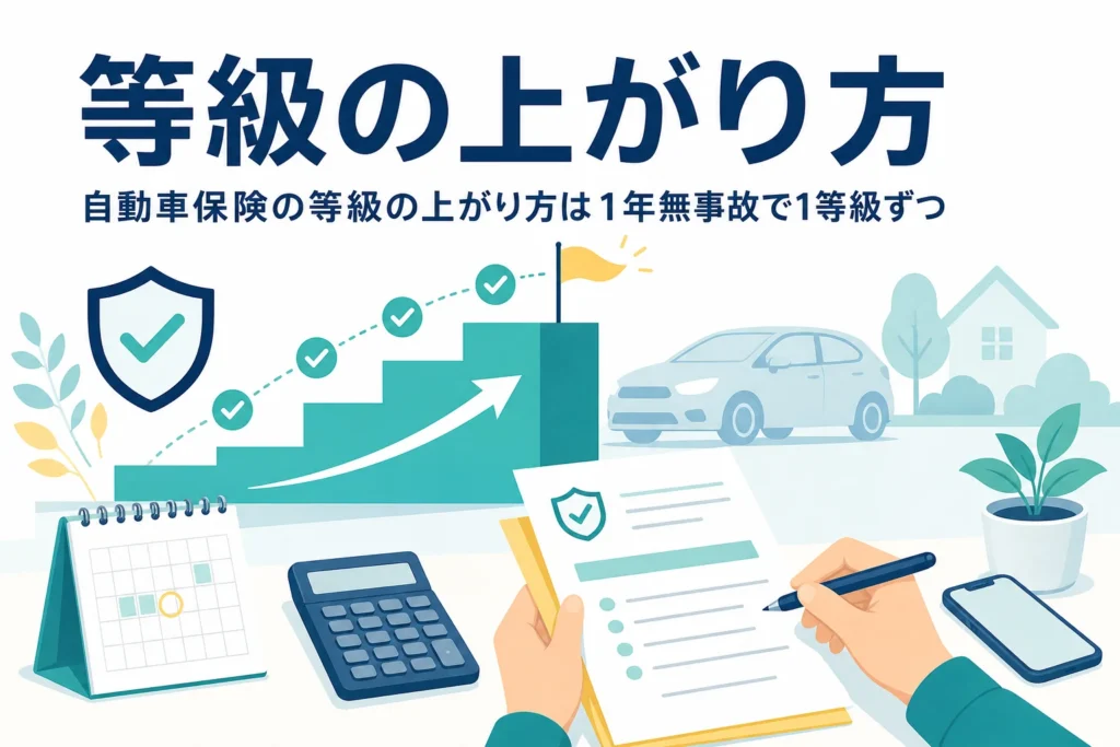 階段とカレンダー、更新案内が並び、自動車保険の等級の上がり方を解説する記事のアイキャッチ