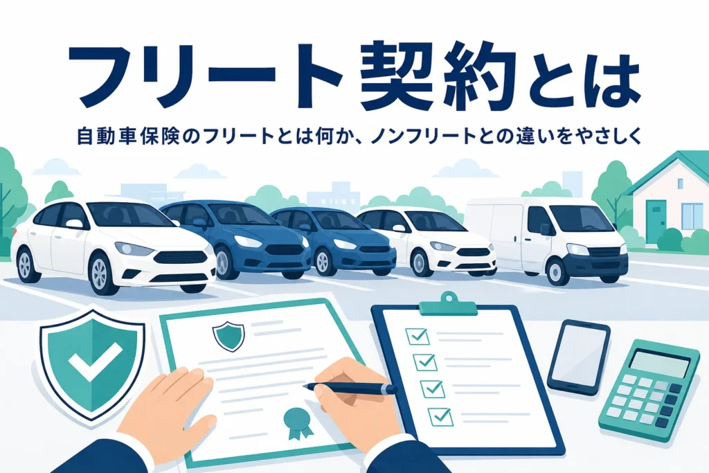 並んだ社用車のシルエットと保険証券、自動車保険のフリートとは何かを解説する記事のアイキャッチ