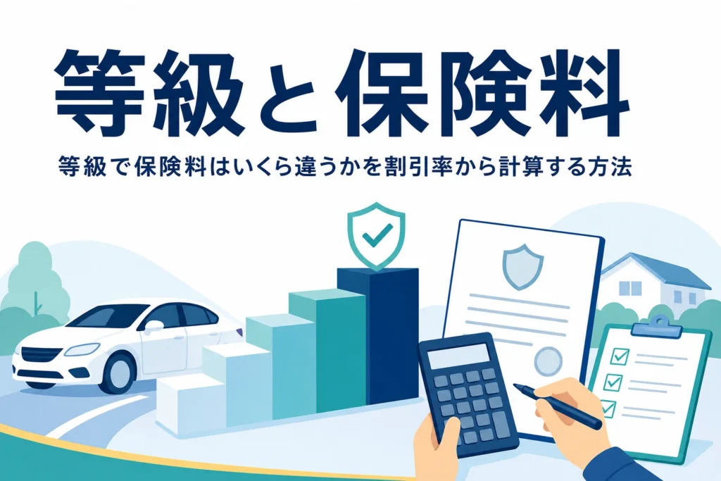 乗用車のシルエットと等級の階段、電卓のイラスト、等級ごとの保険料の違いを解説する記事のアイキャッチ