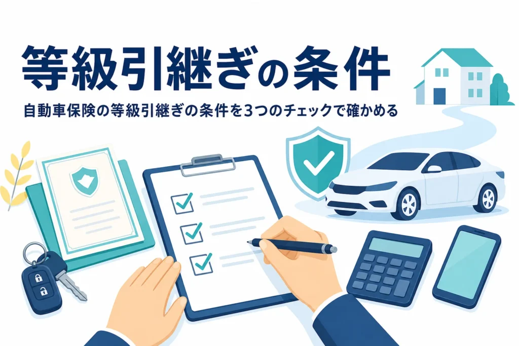 チェックリストと保険証券、自動車保険の等級引継ぎの条件を解説する記事のアイキャッチ