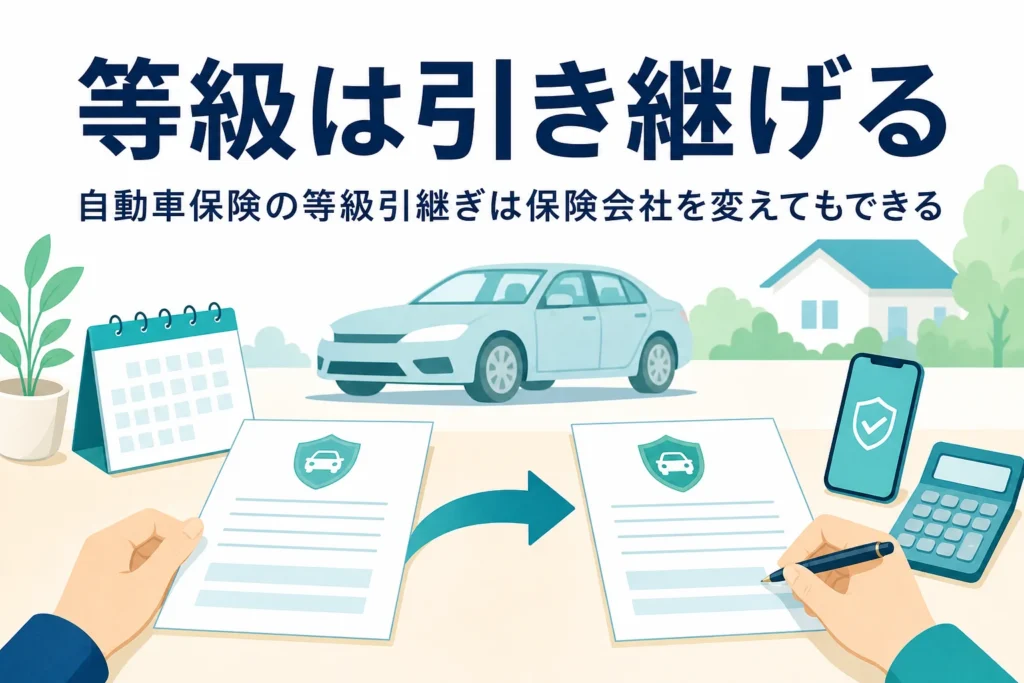2通の保険書類とカレンダーが並び、保険会社を変えた時の等級引継ぎを解説する記事のアイキャッチ